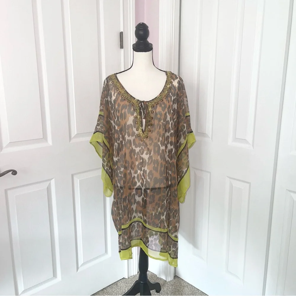 NWT Theodora Callum key lime brown leopard pattern swim cover up, one size - Picture 2 of 13